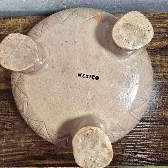 Handmade Mexican Tlaquepaque Ceramic Serving Bowl Painted Bird Cactus Design - Picture 5 of 12